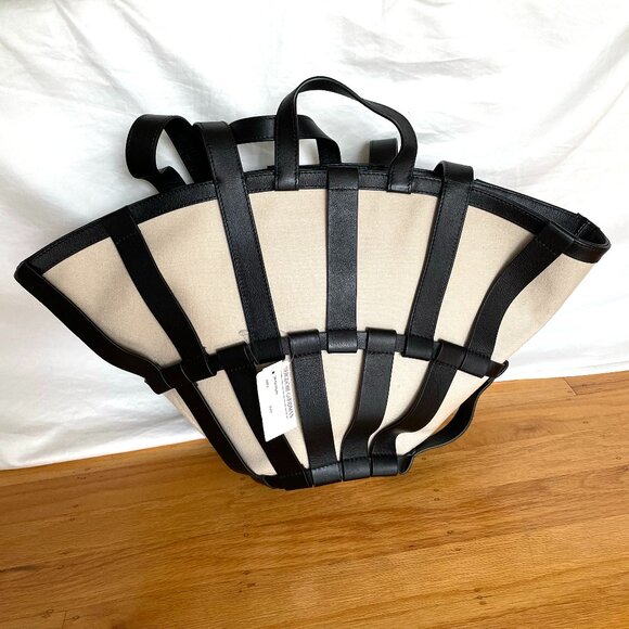 NEW WITH TAGS Hereu Encant Caged Leather and Canvas Tote Bag Black Ivory - Picture 2 of 9